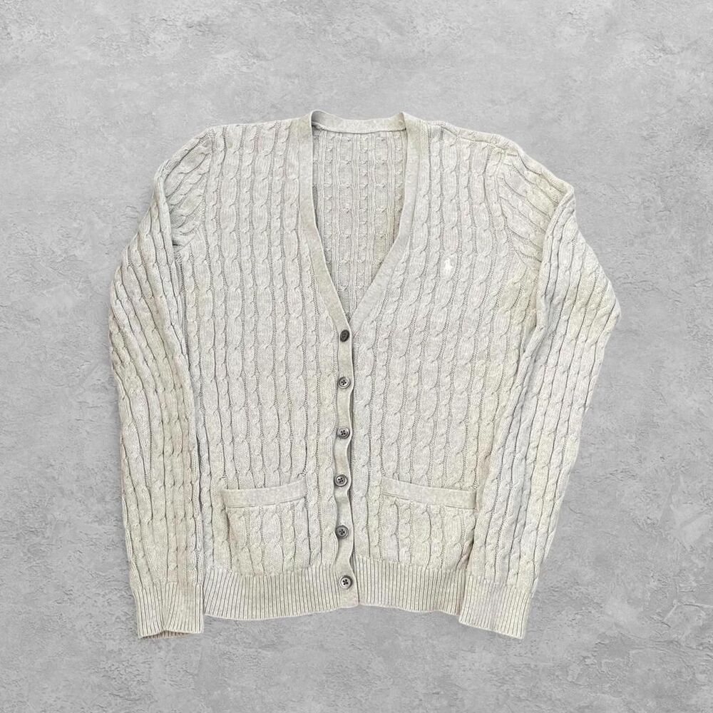 VTG 90s Polo Ralph Lauren Womens Cable Knit Cardigan S Light Gray White Horse
